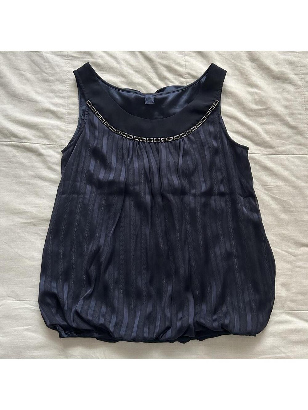 Navy Blue Bubble Hem Top Rhinestone Neckline Oversized Bow Japanese Brand